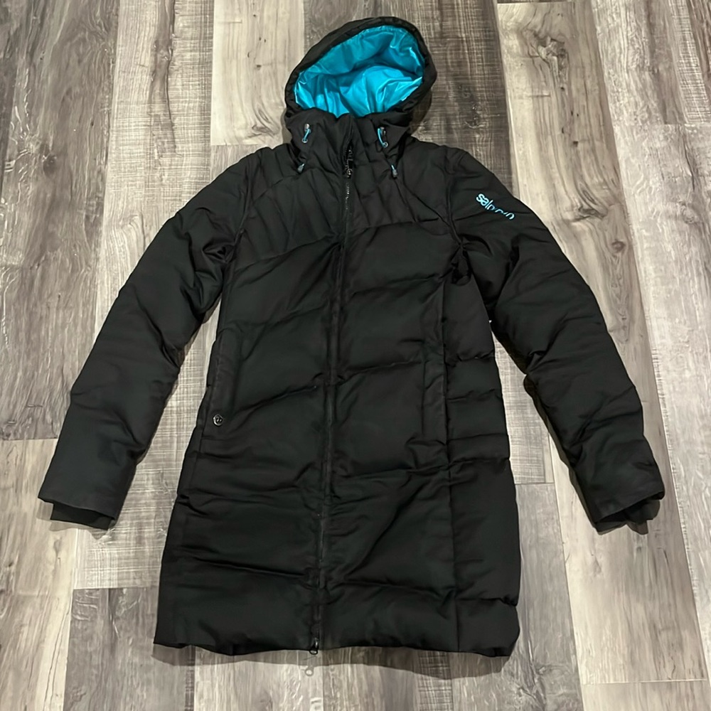 Salomon black long down jacket size small
